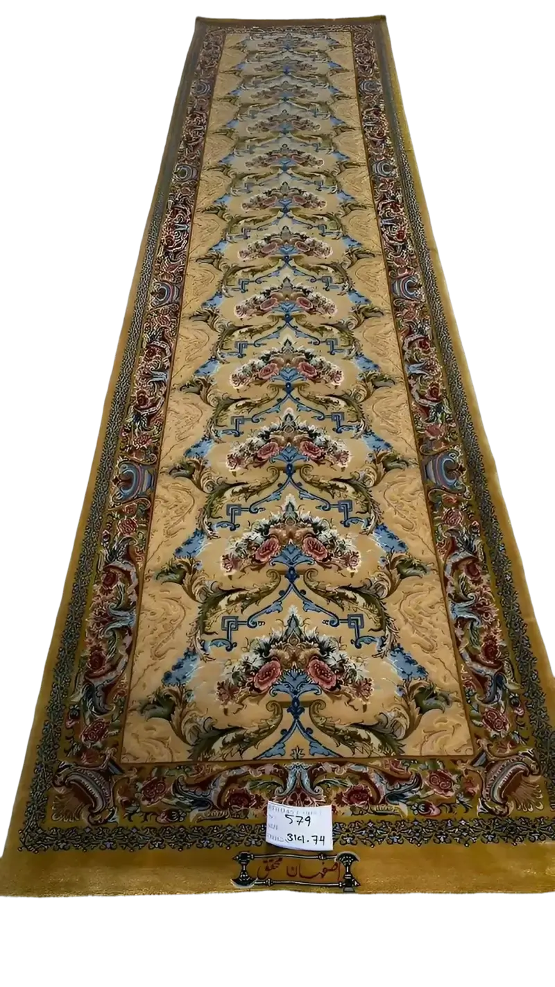 "Luxurious Esfahan Persian runner rug, hand-knotted with wool and silk, featuring intricate craftsmanship. Size: 314 cm x 79 cm."